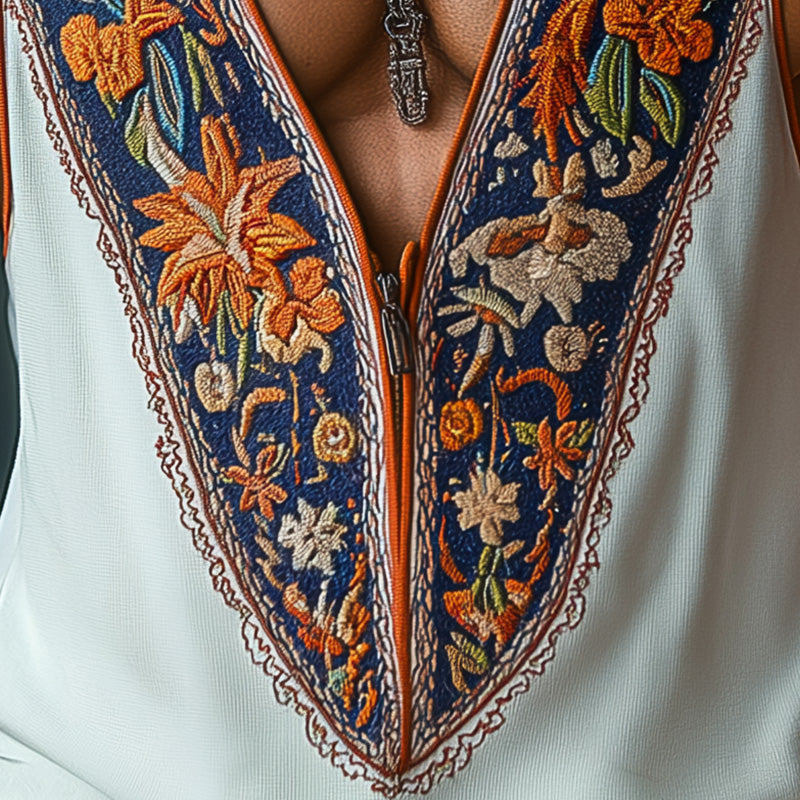 Men's Summer Ethnic Style Contrast Color Embroidery Knitted Tank Top MTA2983E2P