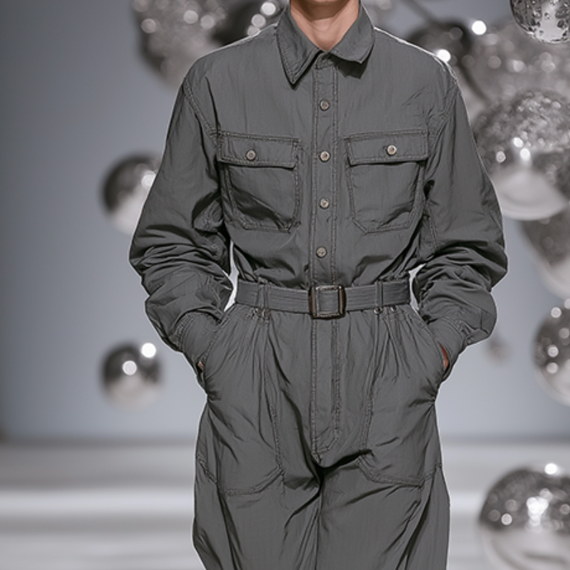 Men's Retro Casual Cotton Solid Color Loose Shirt Workwear Jumpsuit MTA0466H1TO