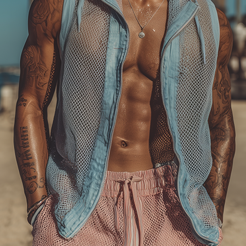 Men's Spring And Summer Fashion Casual Mesh Fabric Splicing Cotton And Linen Slightly Transparent Sexy Hooded Sleeveless Shirt MTA2057F1K