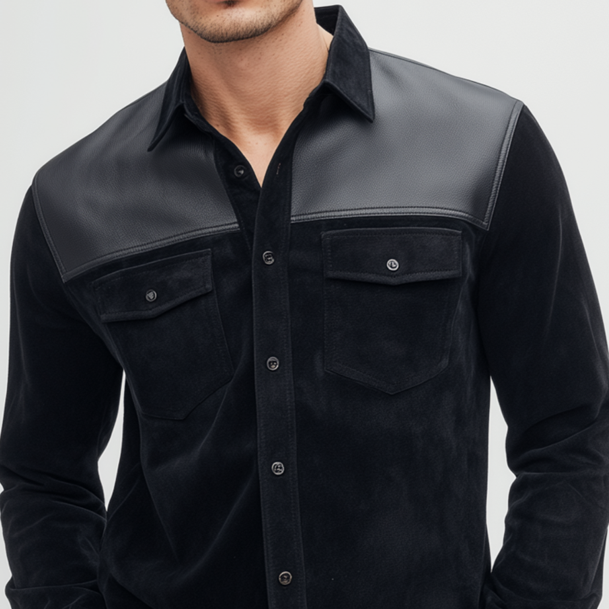 Men's Classic Casual Shoulder Stitching PU Leather Lapel Suede Long-sleeved Shirt MTA0552H7K
