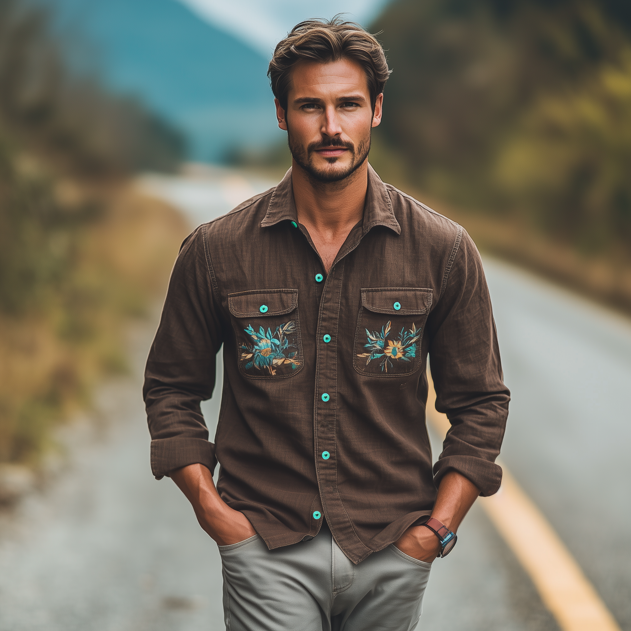 Men's Classic Casual Lapel Cotton And Linen Blend Pocket Embroidery Long Sleeve Shirt MTA2227G2K