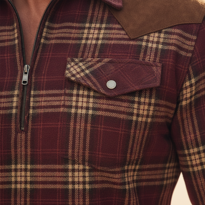 Men's Retro Plaid Faux Suede Appliqué Cotton Blend Half-Zip Shirt MTA2021K9P