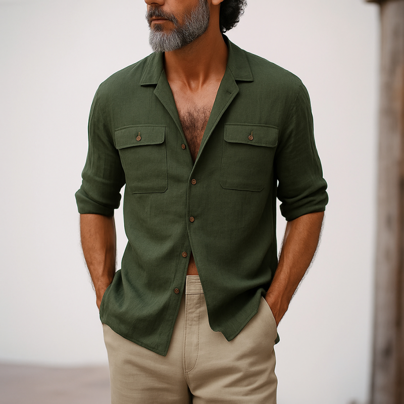 Men's Casual Breathable Cotton Linen Lapel Chest Pocket Slim Fit Long Sleeve Shirt MTA1297E6M
