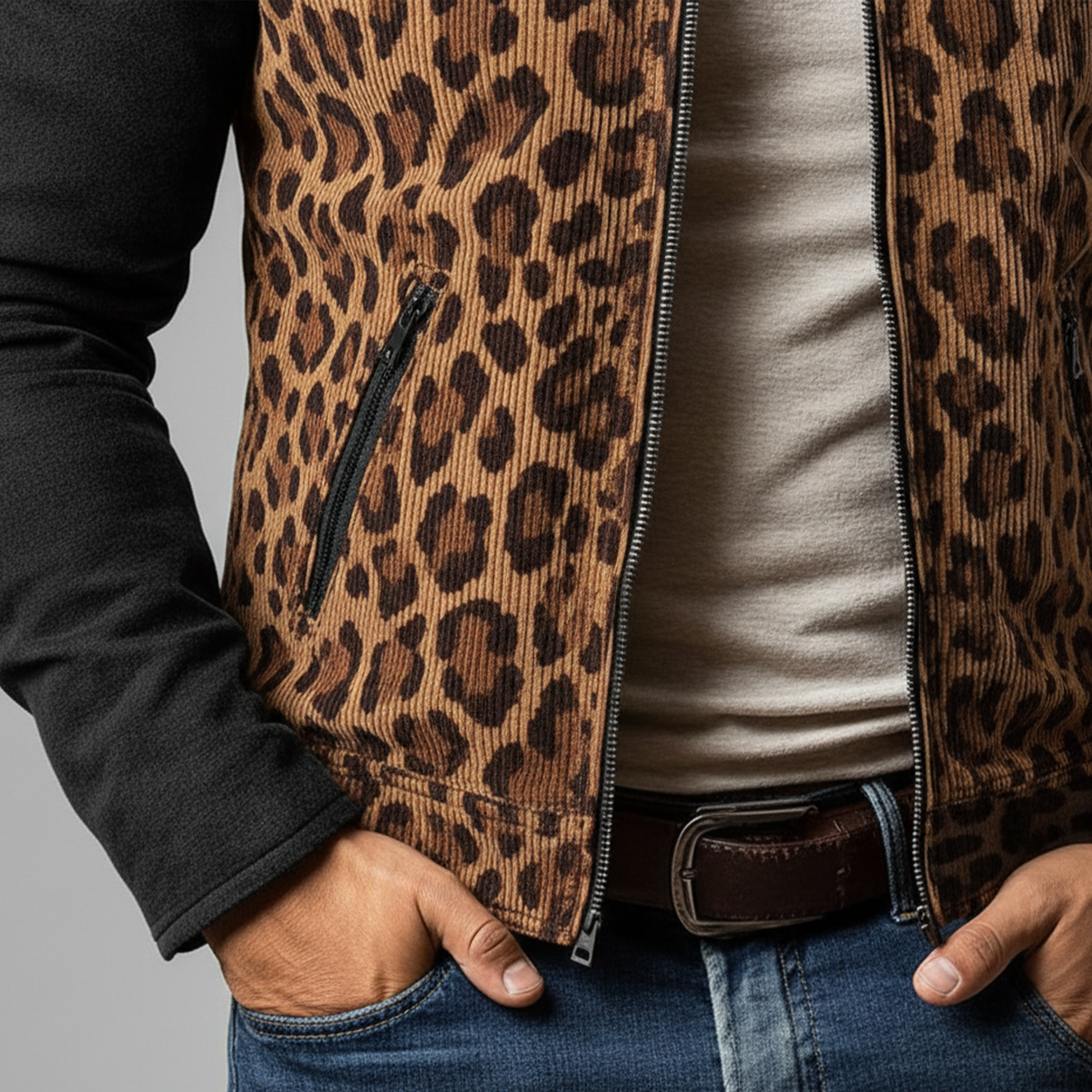 Men's Classic Retro Stand Collar Leopard Print Corduroy Patchwork Faux Suede Zipper Jacket MTA2545J7K