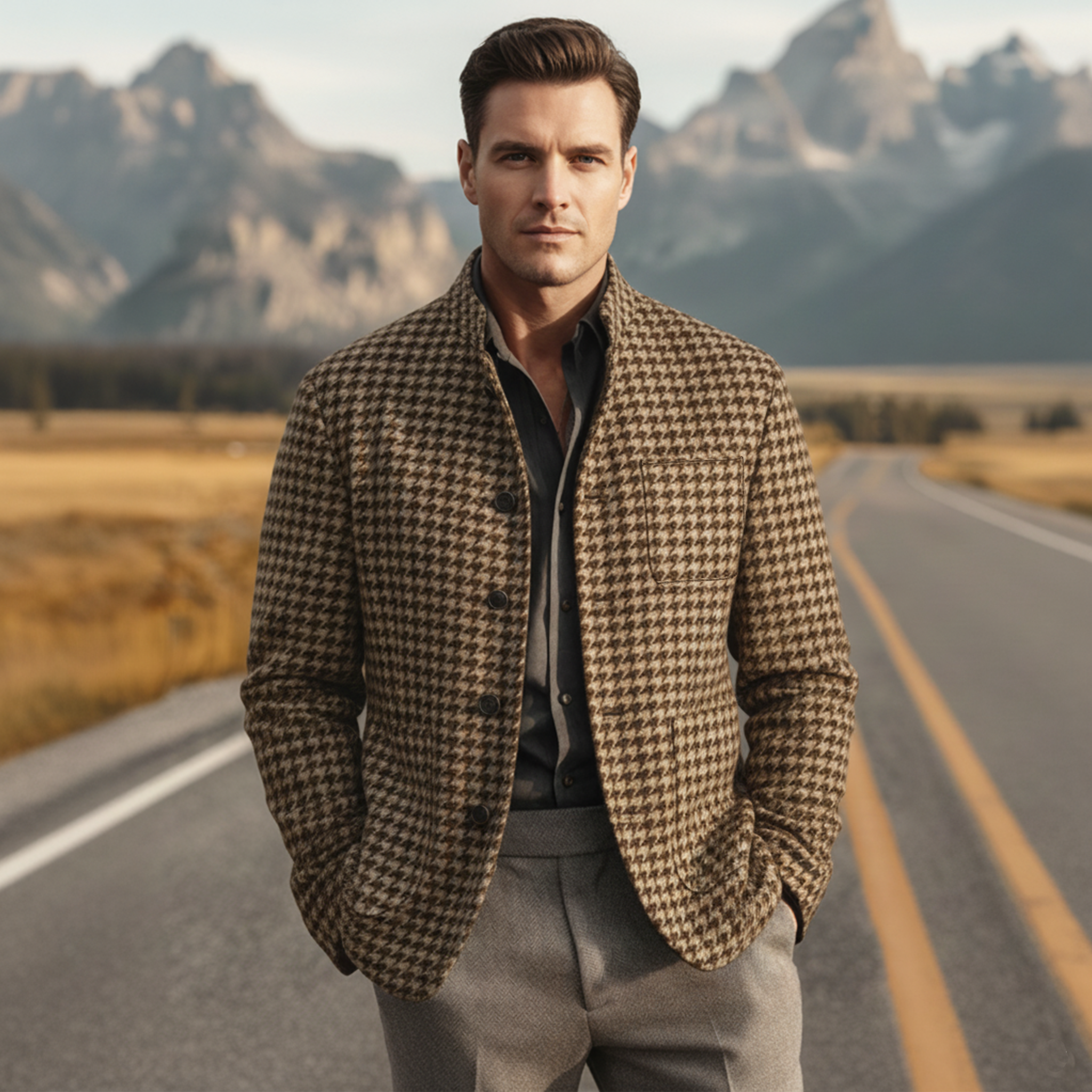 Men's Classic Retro Stand Collar Faux Houndstooth Wool Jacket MTA2505I3K