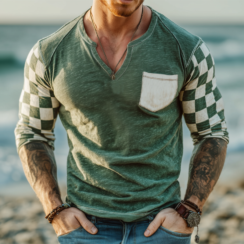 Men's Classic Checkerboard V-neck Long Sleeve T-shirt MTA1825G5U