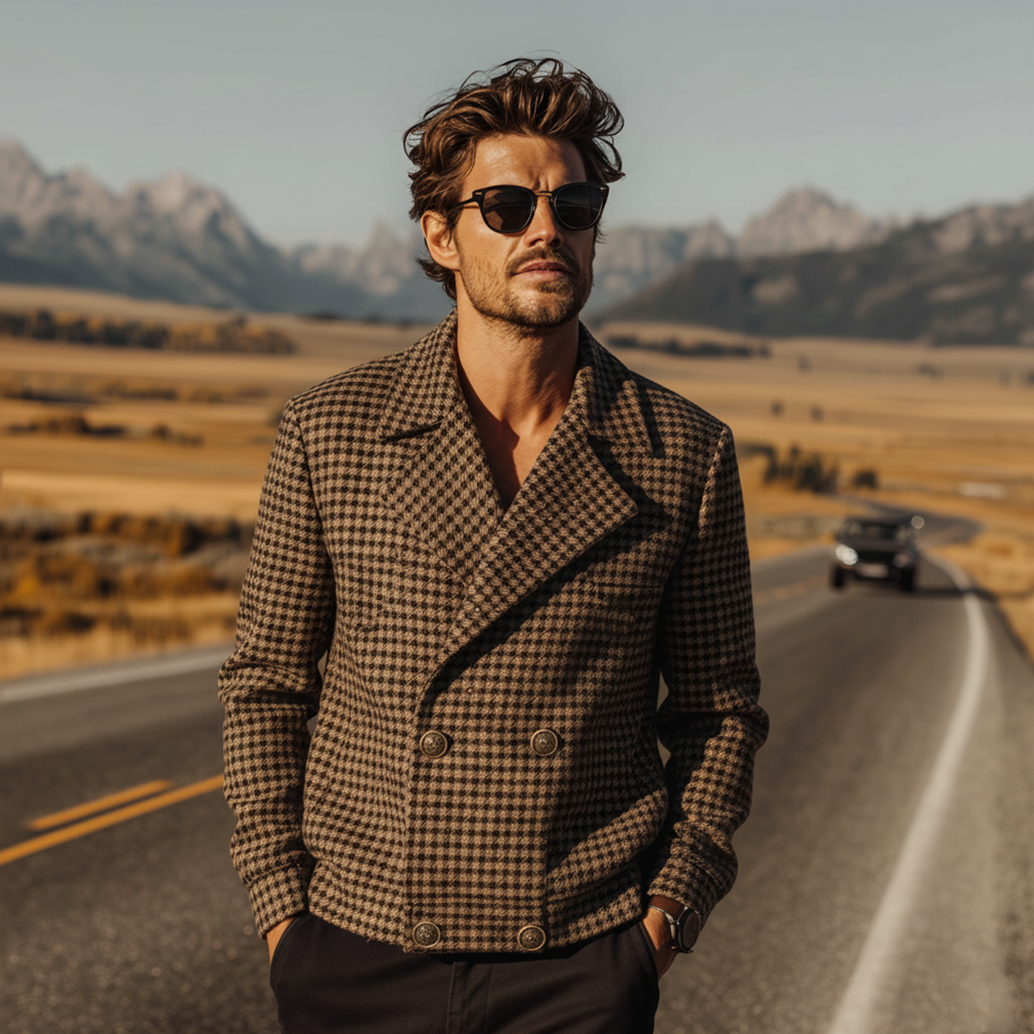 Men's Classic Vintage Lapel Double-breasted Houndstooth Wool Jacket MTA0988L8K