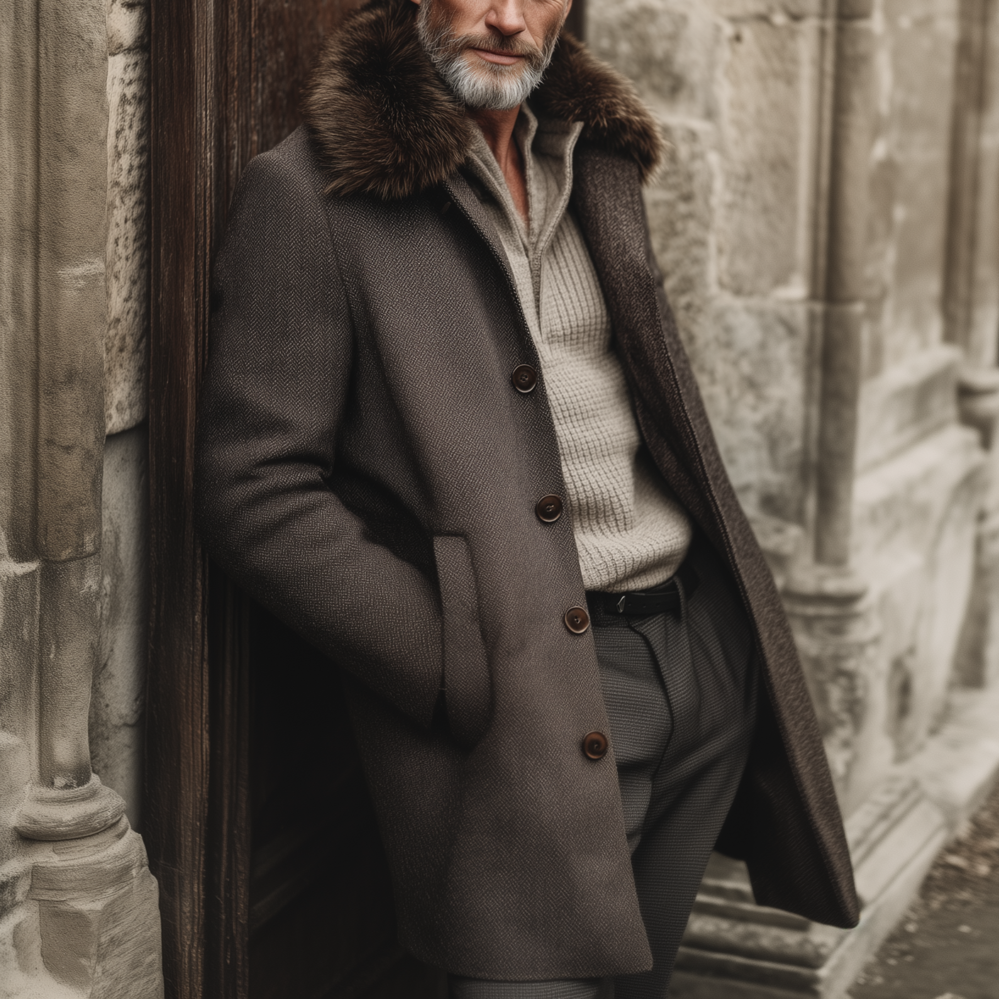 Men's Classic Vintage Faux Herringbone Thigh-Length Coat (Includes Removable Faux Fur Collar) MTA2522I1K