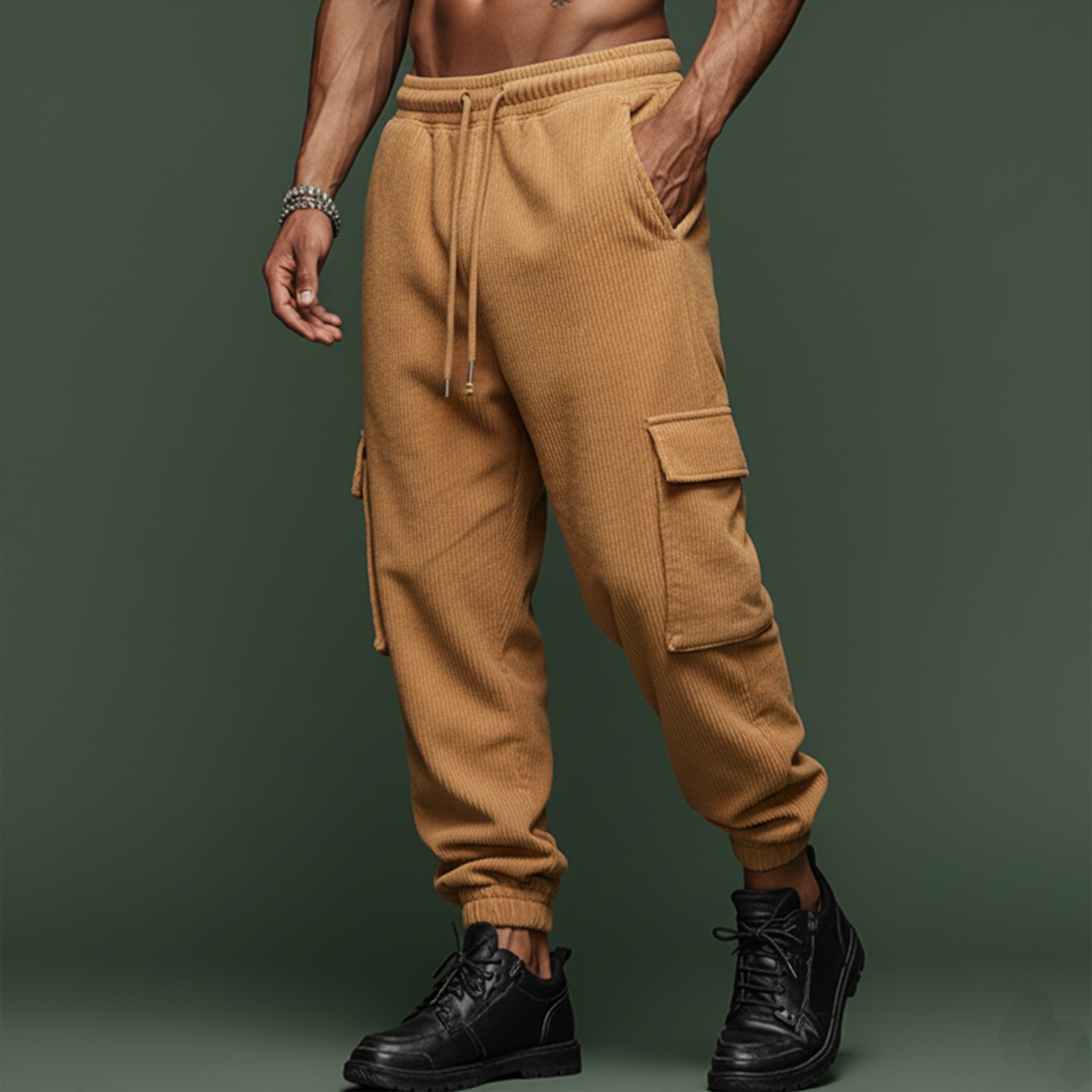 Men's Classic Casual Corduroy Elastic Waist Drawstring Multi-pocket Trousers MTA2835J3K