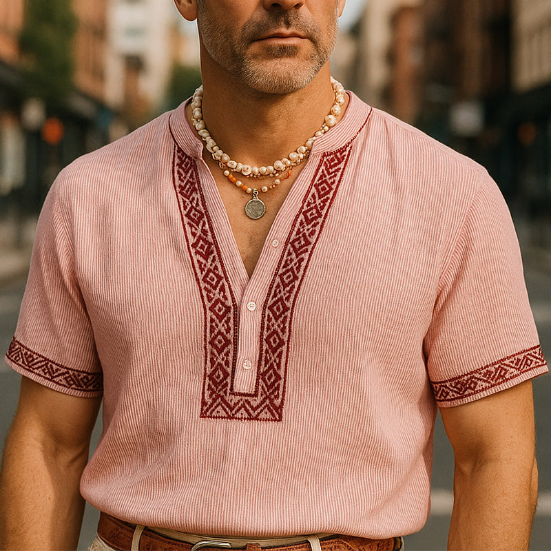 Men's Summer Fashion Elegant Embroidered Linen Blend Short Sleeve Shirt MTA2384E0P