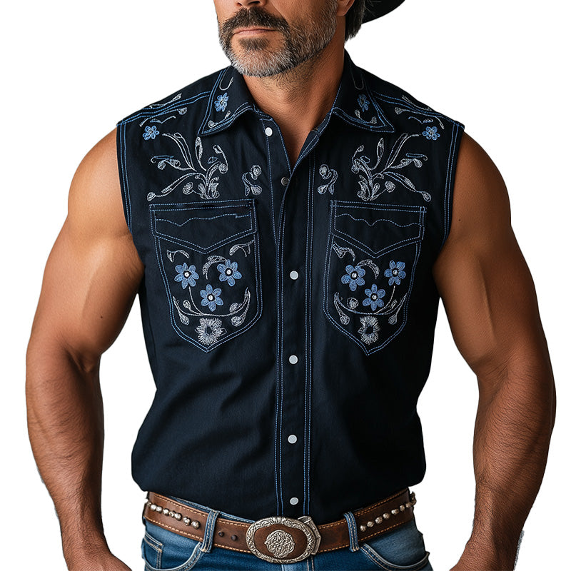 Men's Summer Western Cowboy Style Embroidered Cotton Blended Sleeveless Shirt MTA1480E0P