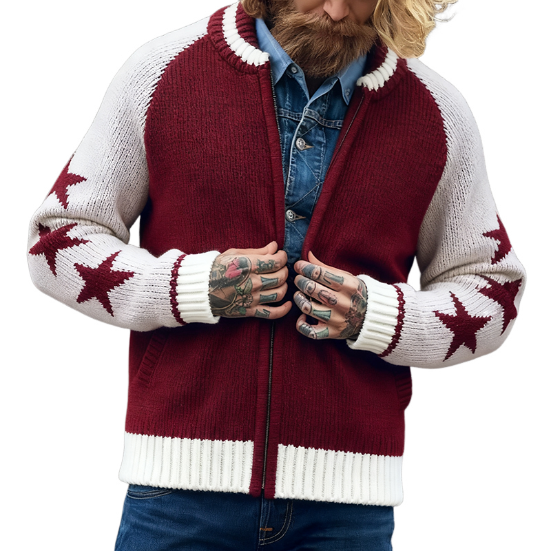 Men's Retro Casual Star Knit Colorblock Zipper Jacket Cardigan MTA2449J5TO