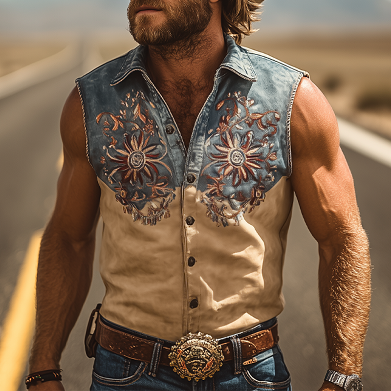 Men's Summer Fashion Retro Western Cowboy Style Denim Stitching Suede Embroidery Sleeveless Shirt MTA2859D1K