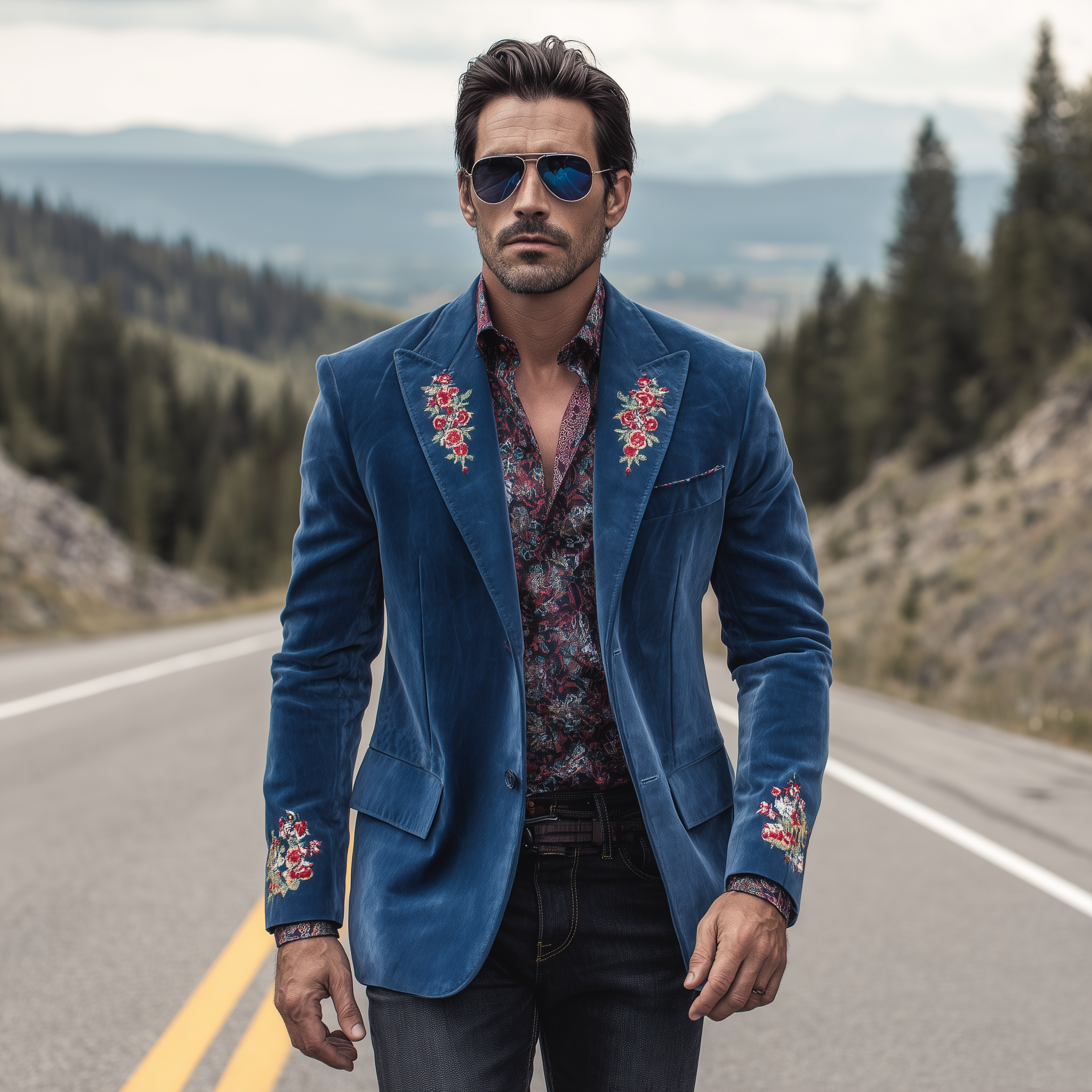 Men's Classic American Retro Western Style Embroidered Suede Single-breasted Blazer MTA1920H5K