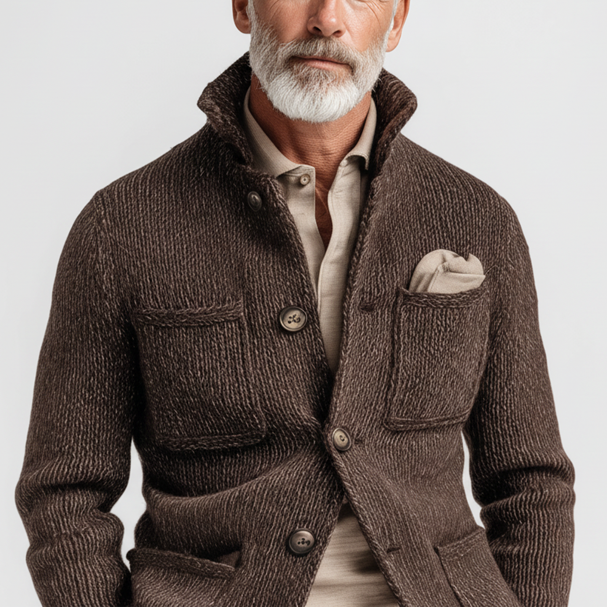 Men's Classic Casual Stand-up Collar Single-breasted Multi-pocket Knit Cardigan MTA3060J2K