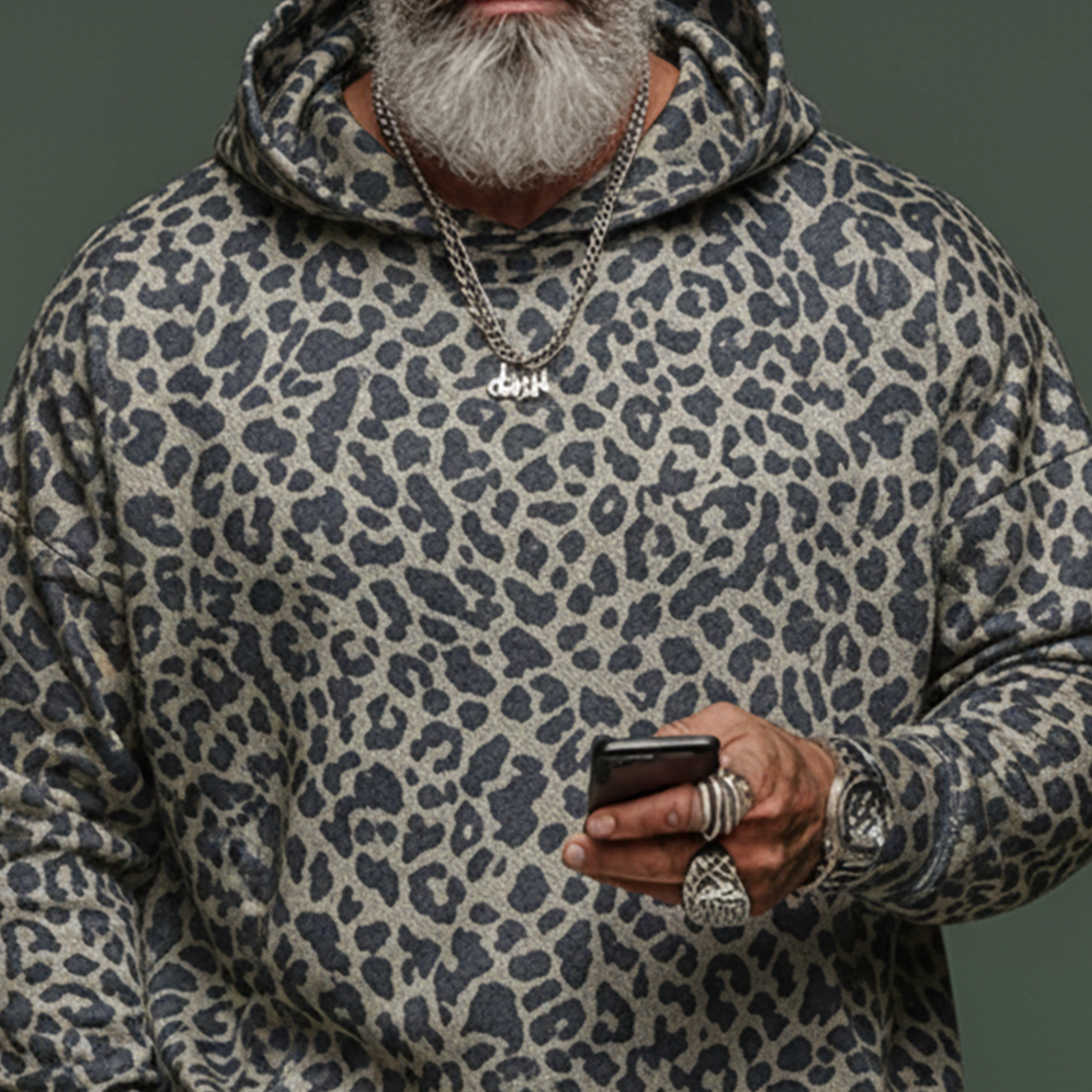 Men's Classic Casual Denim Jacquard Leopard Print Hoodie MTA1223L6K