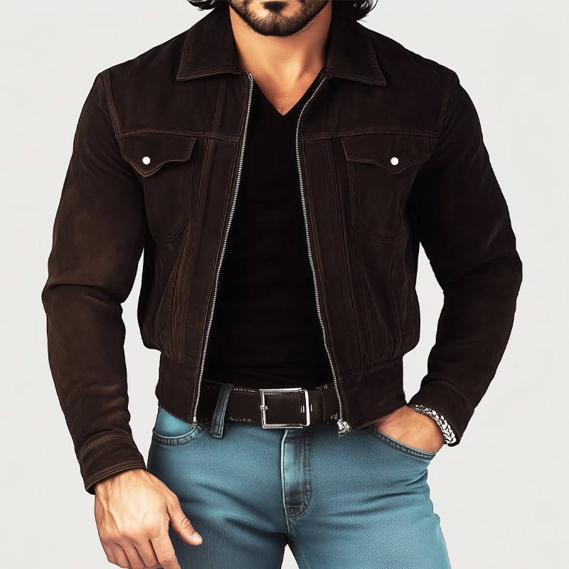 Men's Spring And Autumn Retro Short Zipper Suede Jacket MTA1135H3U