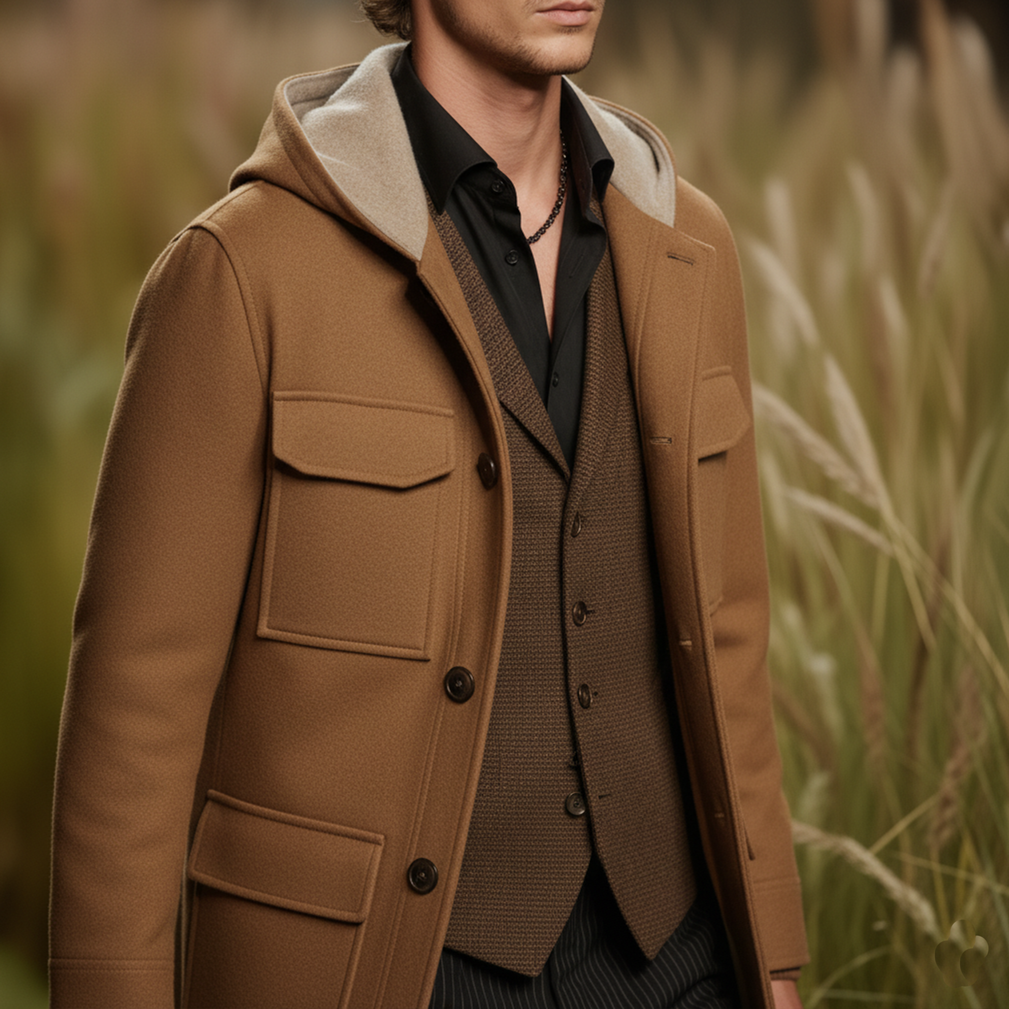 Men's Classic Retro Hooded Multi-pocket Faux Wool Jacket MTA3181J1K