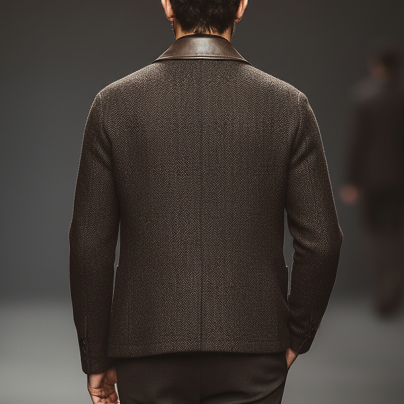 Men's Classic Herringbone Faux Wool And PU Leather Jacket MTA2392J5U