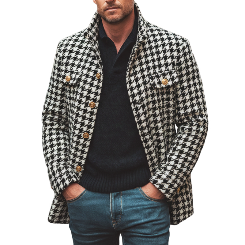Men's Retro Classic Houndstooth Stand Collar Single Vent Faux Wool Jacket MTA3158J6U