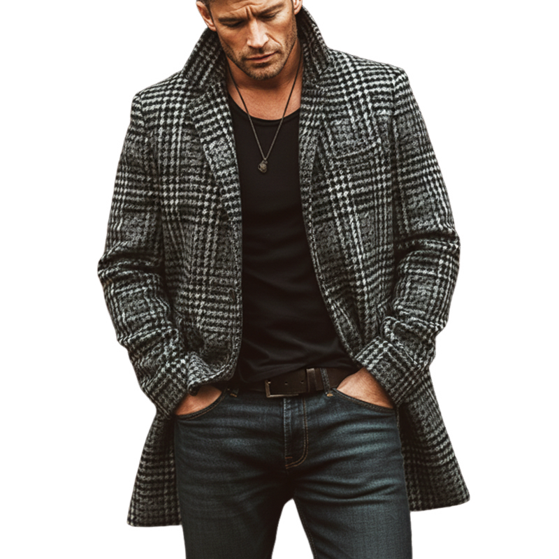 Men's Classic Gray Plaid Faux Wool Two-button Mid-length Coat MTA2709K4U