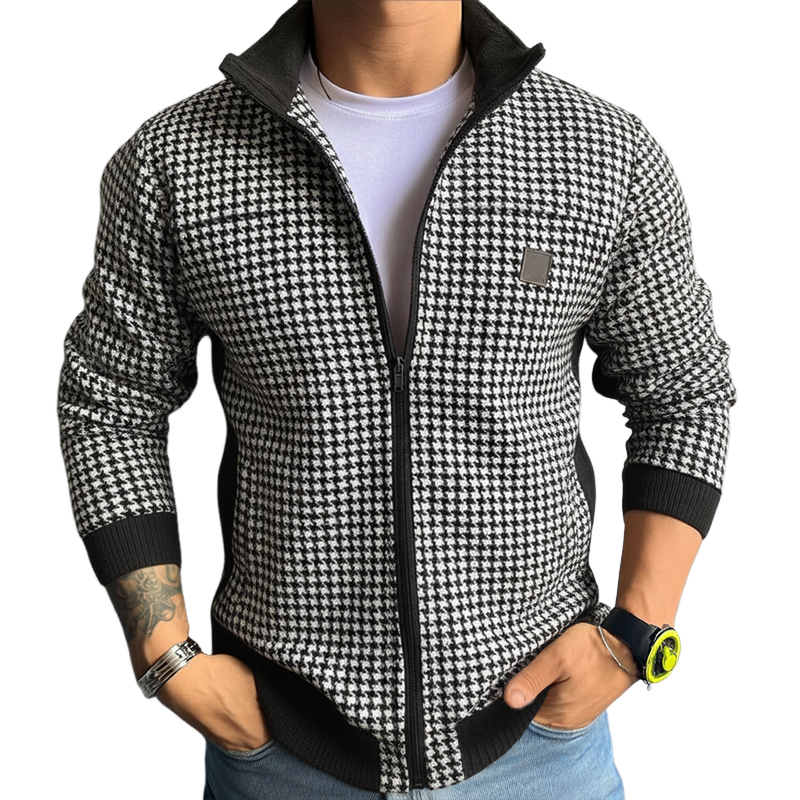 Men's Retro Casual Houndstooth Lapel Zipper Jacket  MTA1000J0TO