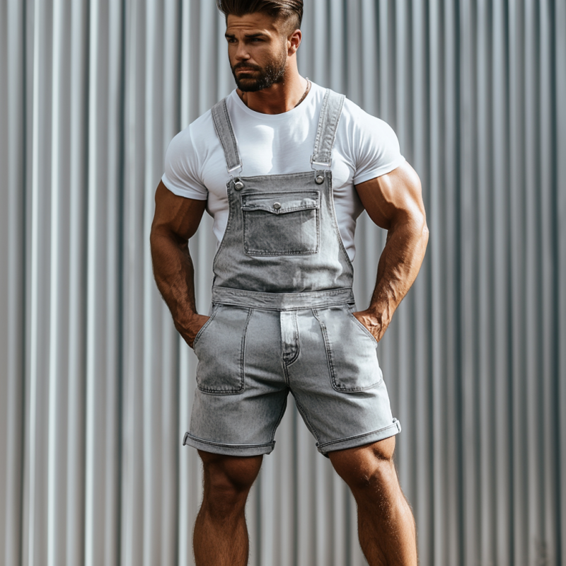Men's Vintage Washed Distressed Multi-Pocket Denim Shorts Jumpsuit MTA2785E1M