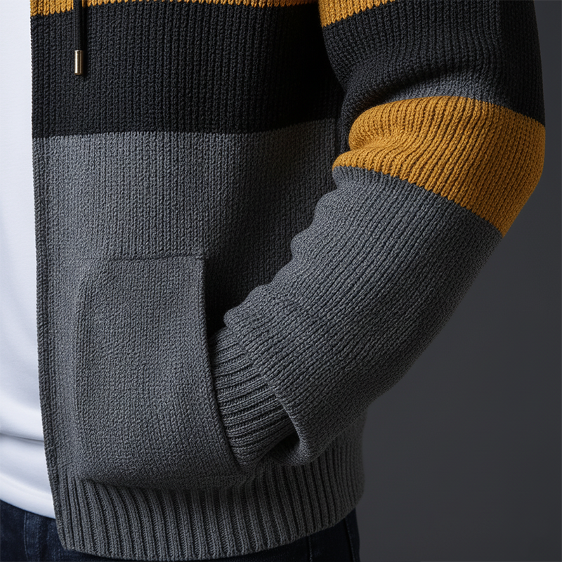 Men's Winter Retro Color Block Cotton Yarn Knitted Hooded Cardigan MTA0356K1P