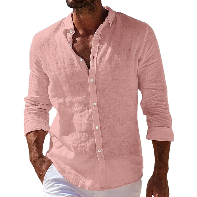 Men's Cotton And Linen Breathable Solid Color Casual Long-sleeved Shirt MTA1945G7X