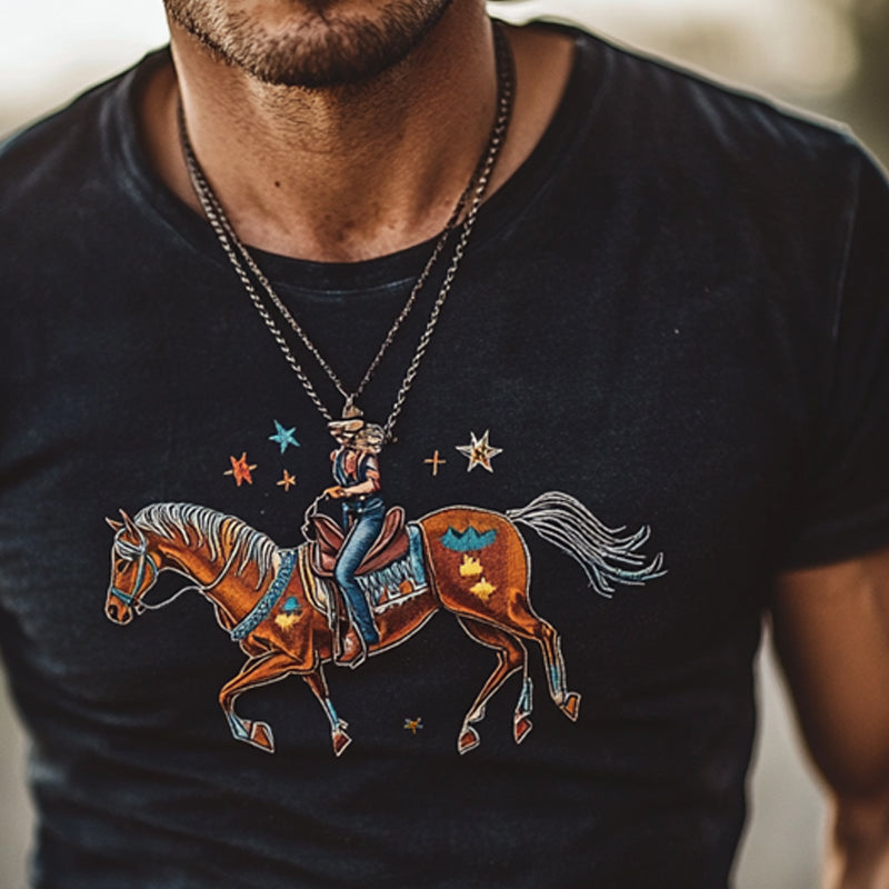 Herre t-skjorte med rund hals og korte ermer, vestlig cowboy-stil, trykk, MTA0307F2X