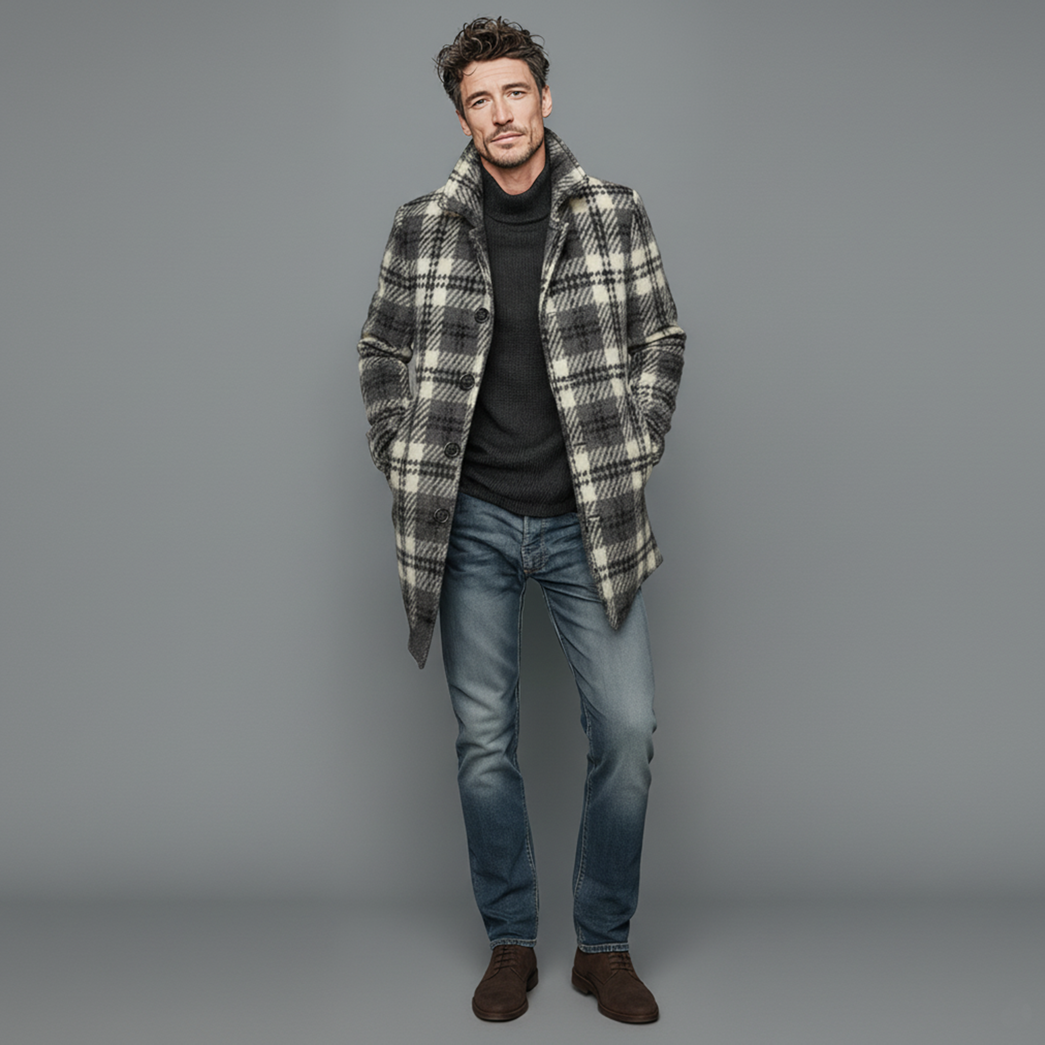 Men's Classic Vintage Faux Check Woolen Single-breasted Thigh-length Coat MTA2520I7K