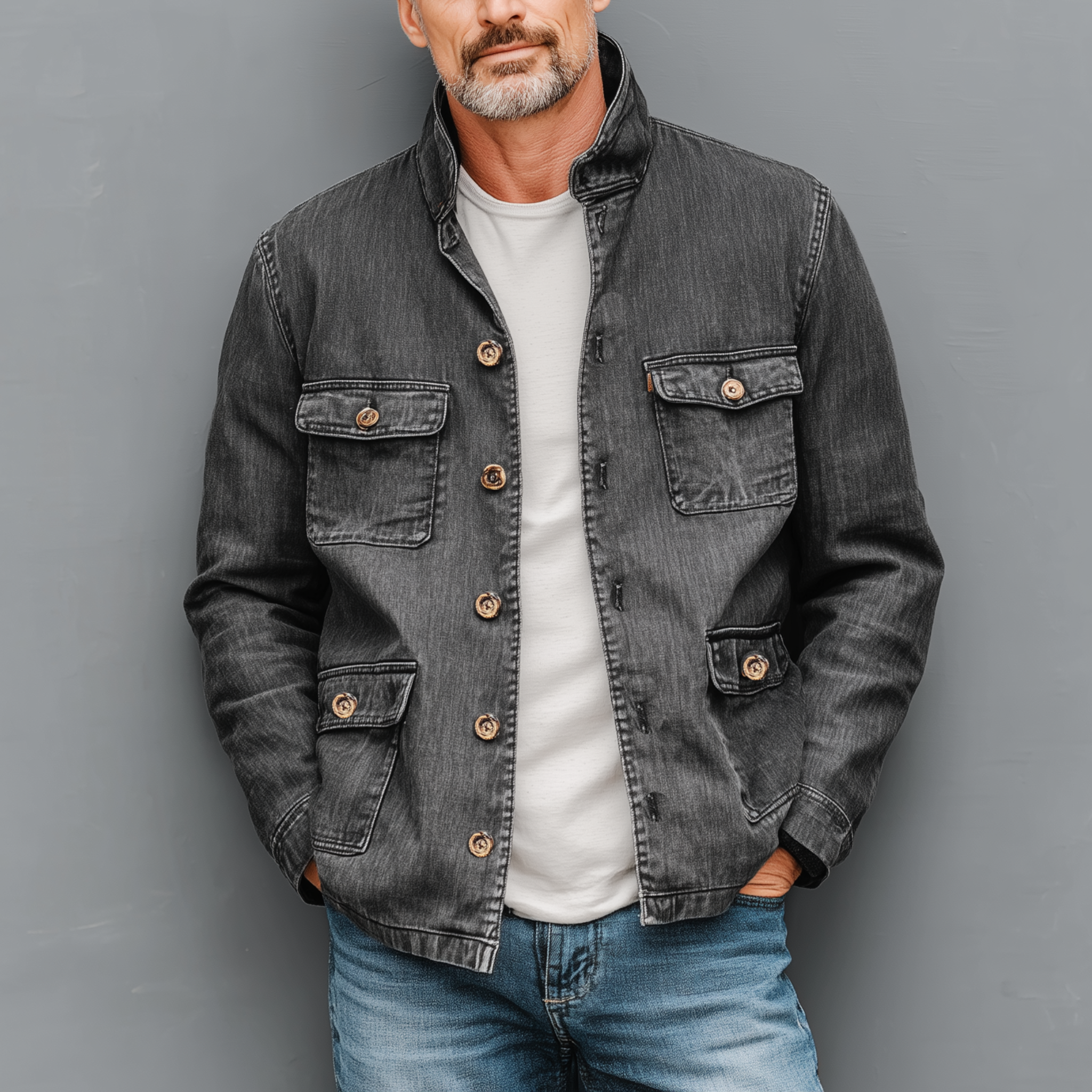 Men's Classic Casual Cotton Blend Washed Multi-Pocket Stand Collar Thin Jacket MTA2538G5K