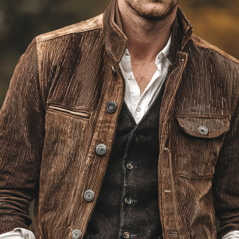 Men's Corduroy Stand Collar Single Breasted Casual Jacket MTA3000H6Z