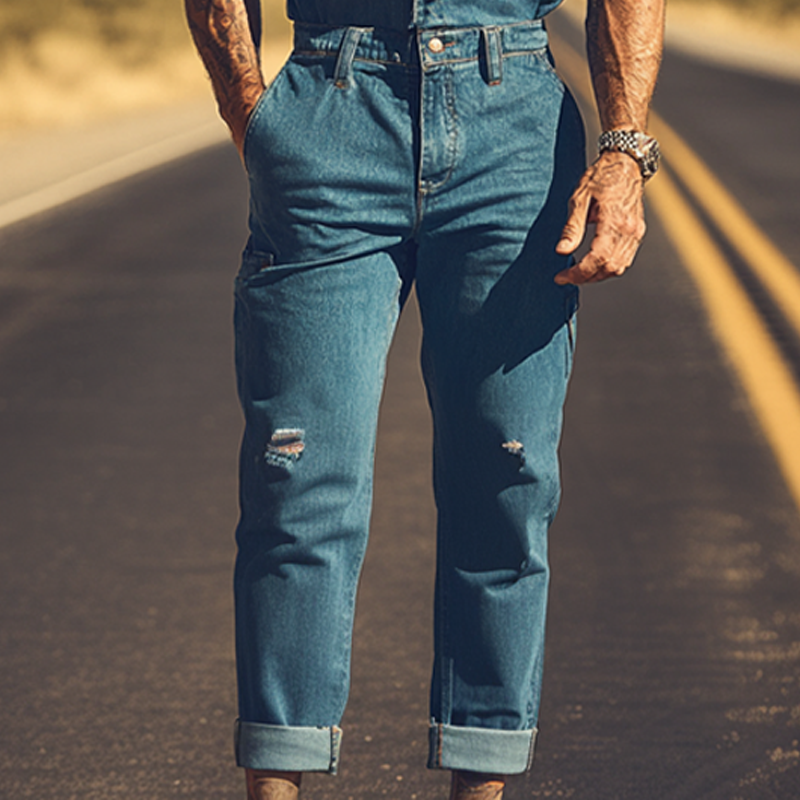 Men's Summer Fashion Retro Western Cowboy Style Denim Jumpsuit MTA2827D3K