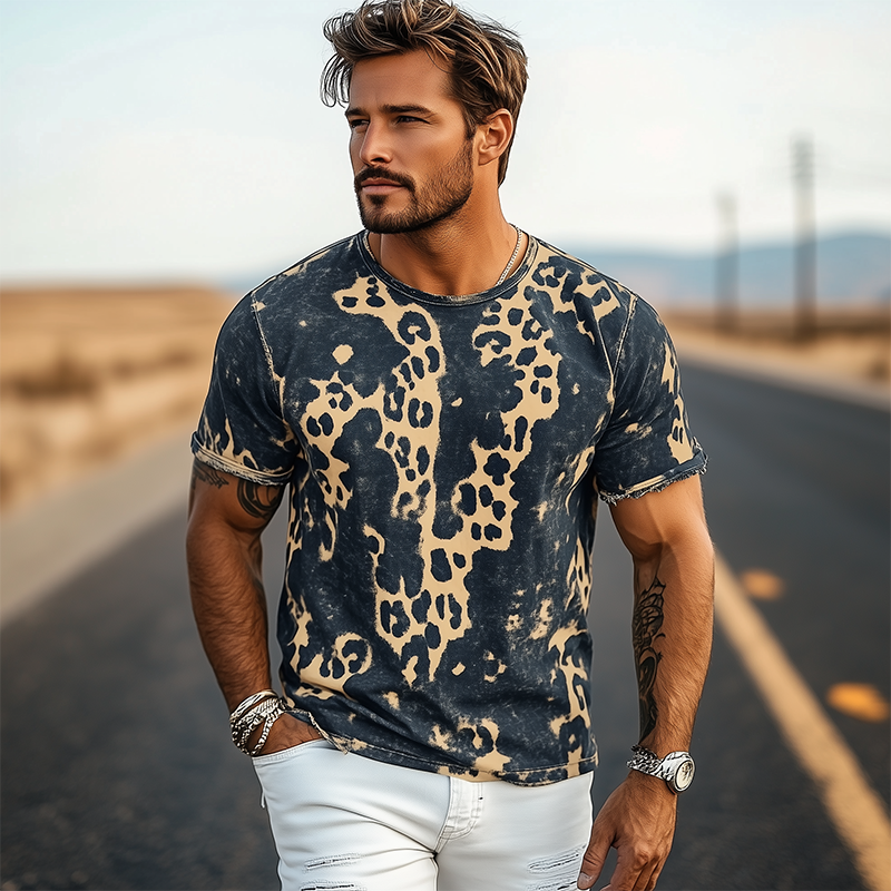 Men's Spring And Summer New Fashion Casual Retro Western Cowboy Style Distressed Leopard Print Cotton Blended Print Short-Sleeved T-Shirt MTA0900E7K