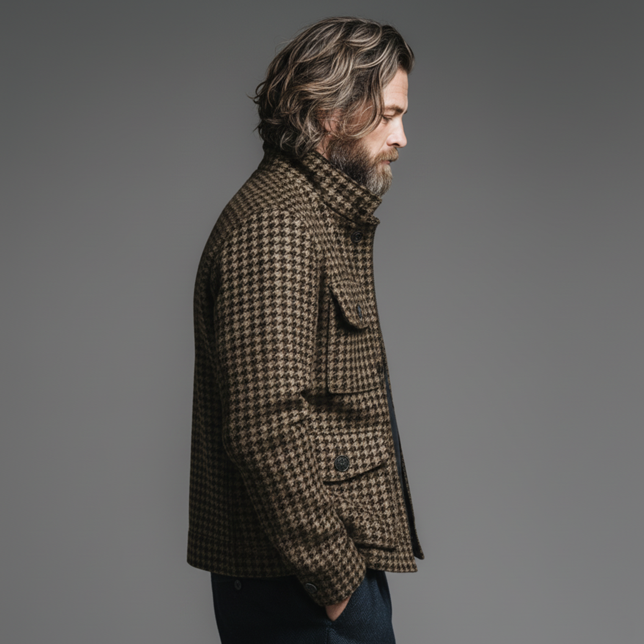Men's Classic Casual Stand Collar Faux Houndstooth Wool Multi-pocket Zipper Jacket MTA1347J4K