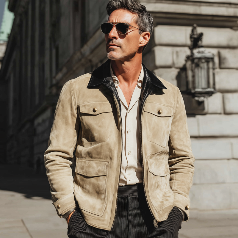 Men's  Suede And PU Leather Collar Zip-up Fitted Jacket MTA1604I1U