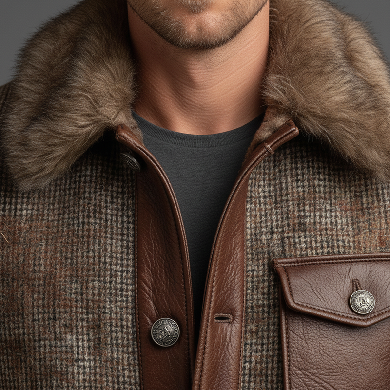 Men's Winter Retro PU Patch Faux Wool Warm Jacket MTA2328J9P