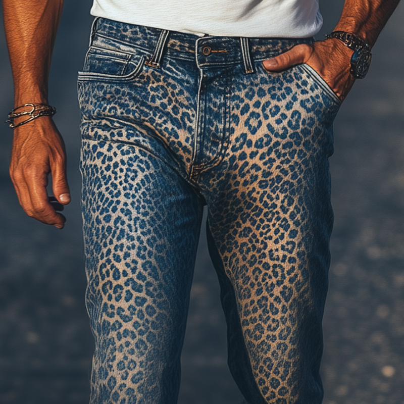 Men's Spring And Summer Fashion Retro Western Cowboy Style Washed Denim Leopard Print Casual Pants MTA1337E1K