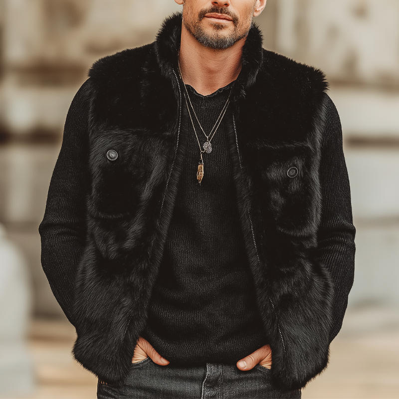 Men's Midnight Black Luxury Stand Collar Plush Faux Fur Vest MTA0713K7U