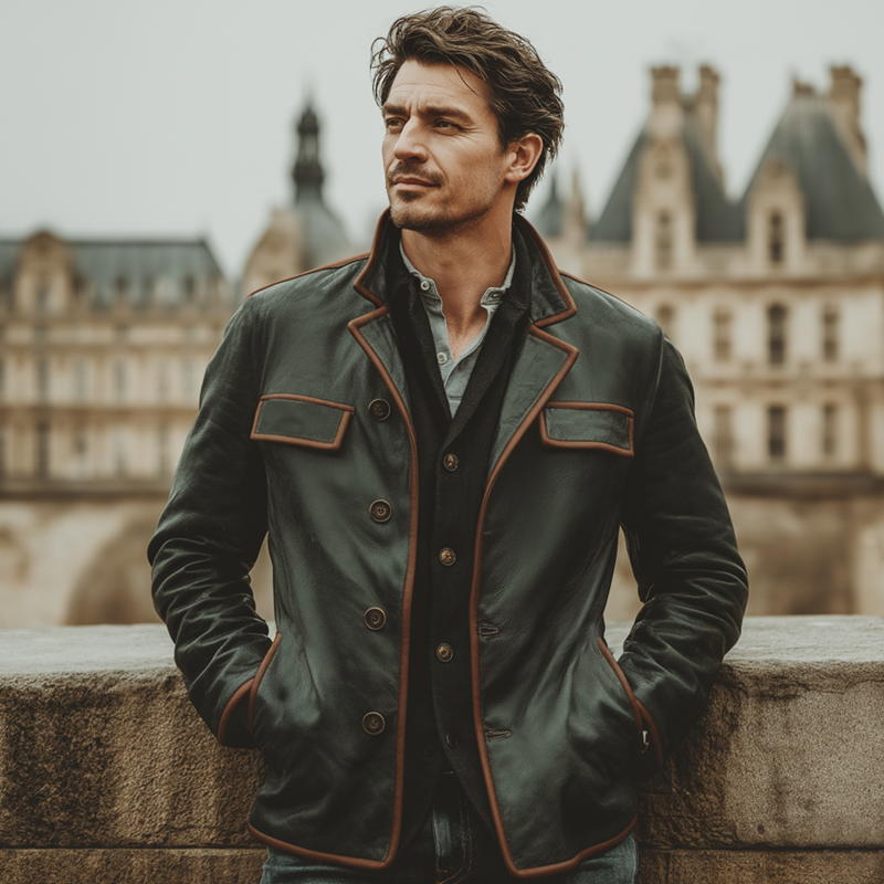 Men's Classic Color-blocked Lapel Button PU Leather Jacket MTA2958J3U