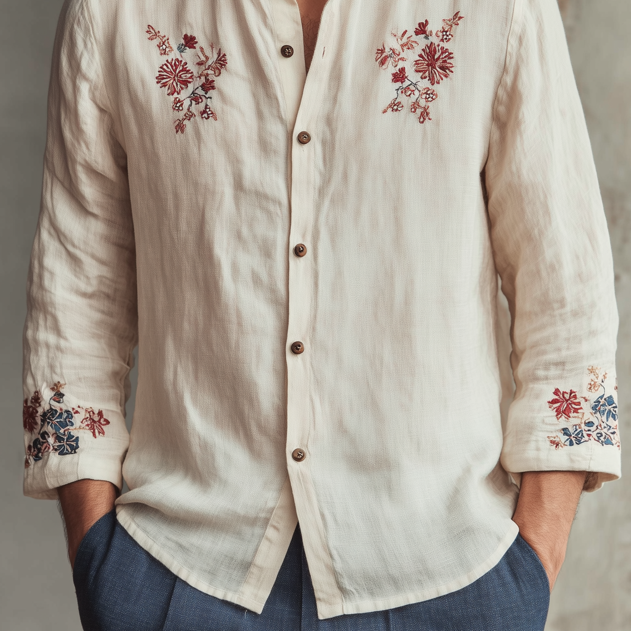 Men's Classic Casual Stand-up Collar Cotton Linen Cuffs And Chest Embroidery Loose Long Sleeve Shirt MTA2331G8K