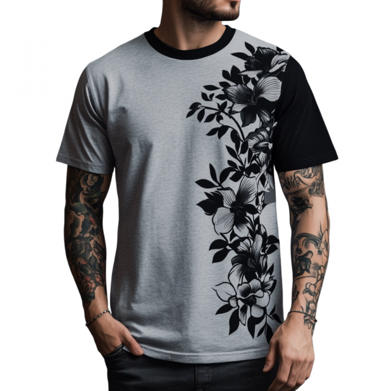 Men's Casual Contrast Color Flower Print Round Neck Loose Short Sleeve T-shirt MTA1596E9M