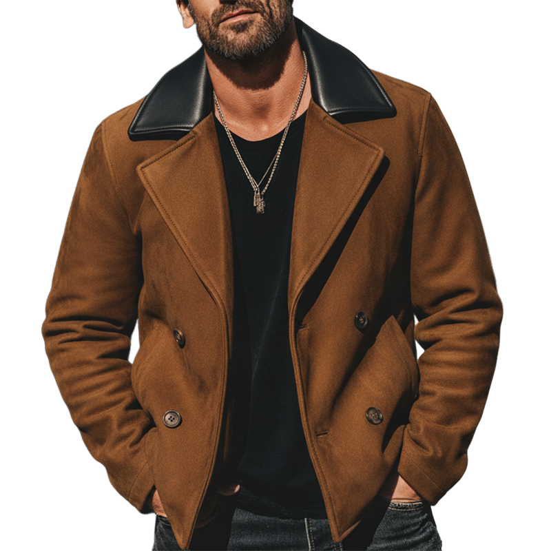Men's Classic Suede And PU Leather Collar Double-breasted Jacket MTA1205K4U