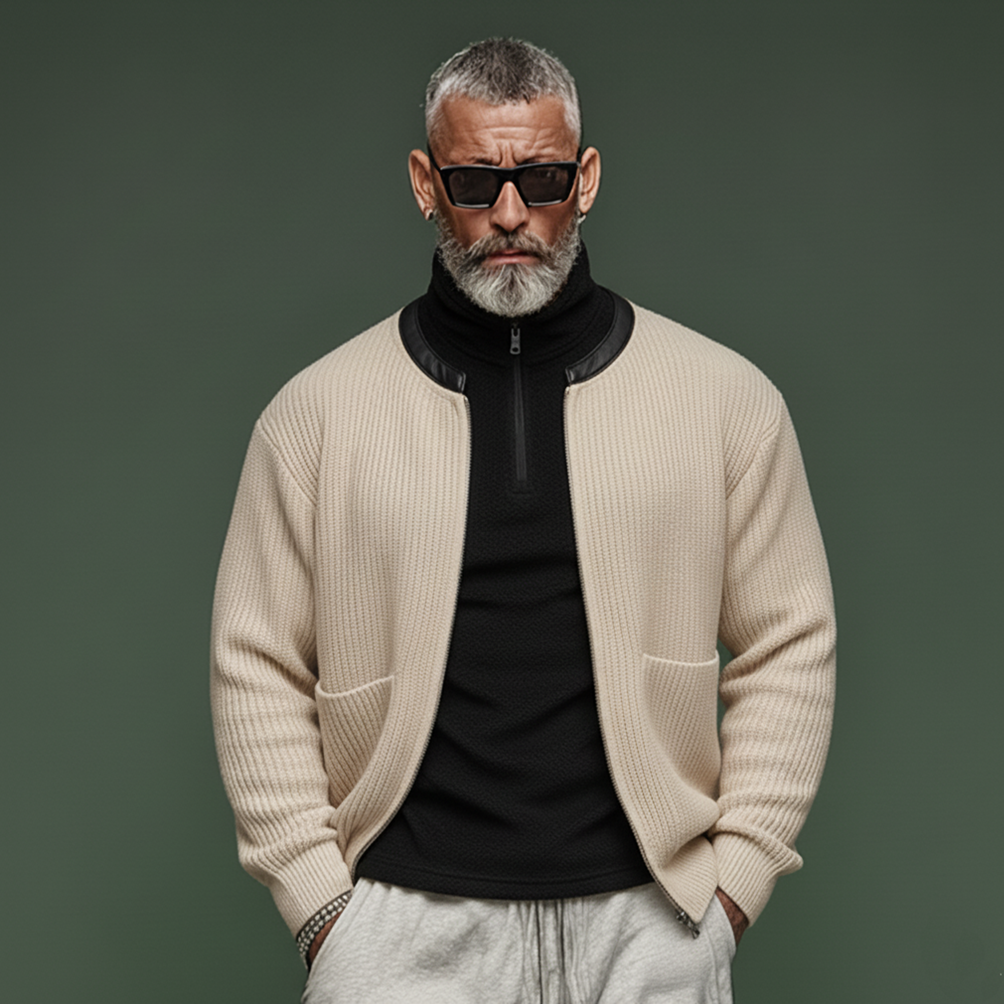 Men's Classic Casual PU Leather Collar Zip-up Knit Cardigan MTA0390K2K