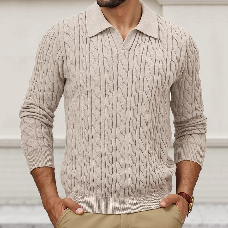 Men's Solid Color Slim-Fit Cable Textured POLO Neck Sweater MTA1373H6X