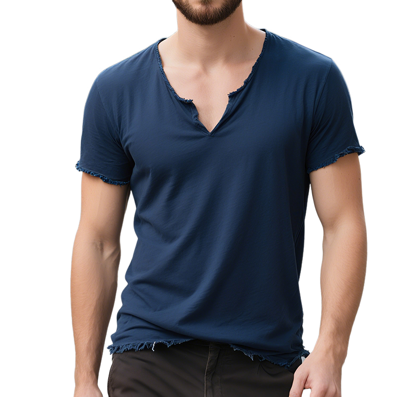 Men'S Retro Casual Solid Color Cotton Ripped V-Neck Short Sleeve T-Shirt MTA1046E4TO