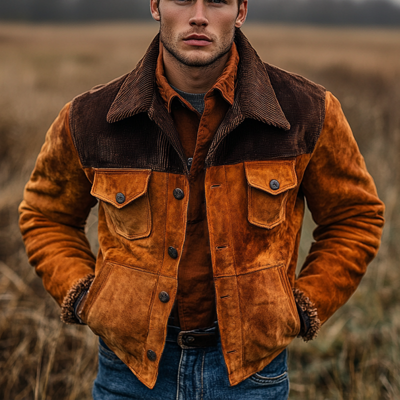 Men's Vintage Contrast Corduroy Suede Lapel Jacket MTA1894I9X