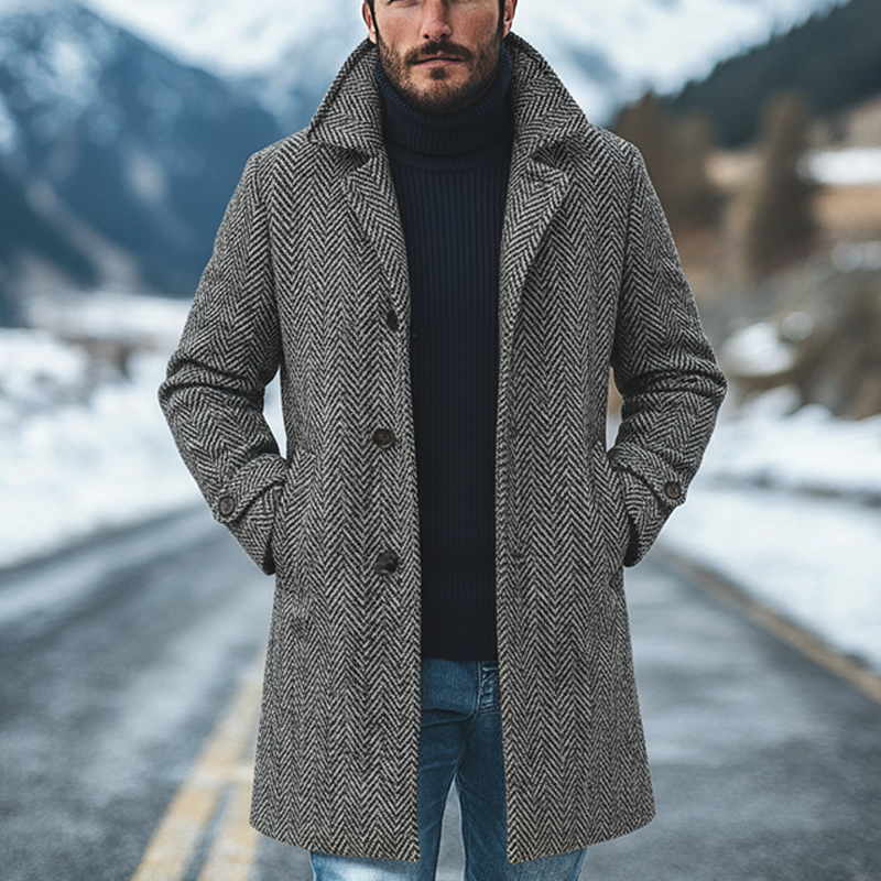Men's Herringbone Blend Lapel Mid-length Coat MTA0605K1X