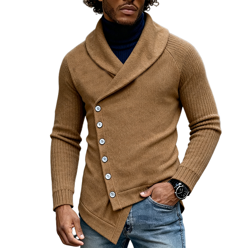 Men's Casual Solid Color Slant Button Lapel Knitted Cardigan MTA2595J0X